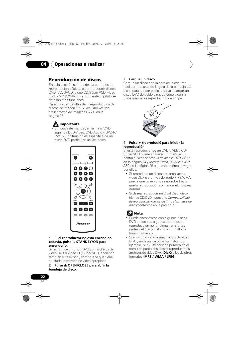 Reproducción de discos, Operaciones a realizar 04 | Pioneer DV-696AV-S User Manual | Page 22 / 126
