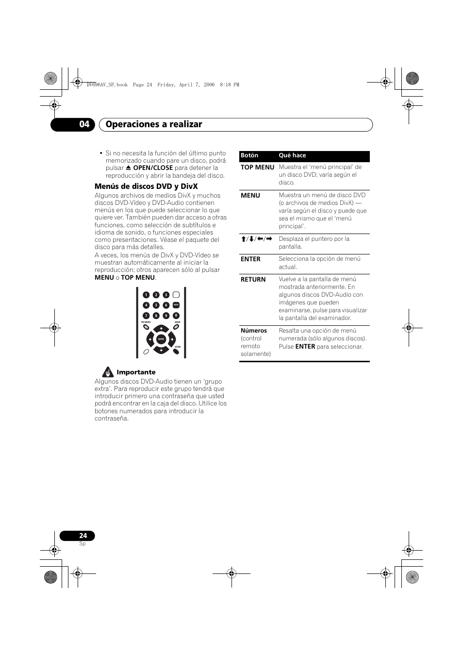 Operaciones a realizar 04, Menús de discos dvd y divx | Pioneer DV-696AV-S User Manual | Page 24 / 126