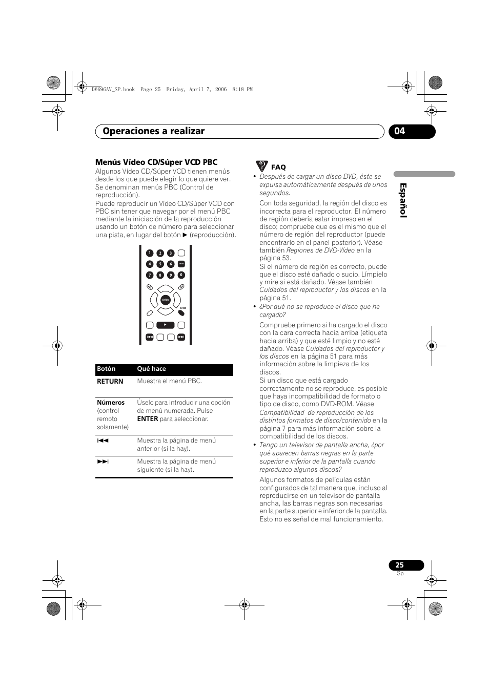 Operaciones a realizar 04, Español, Menús vídeo cd/súper vcd pbc | Pioneer DV-696AV-S User Manual | Page 25 / 126