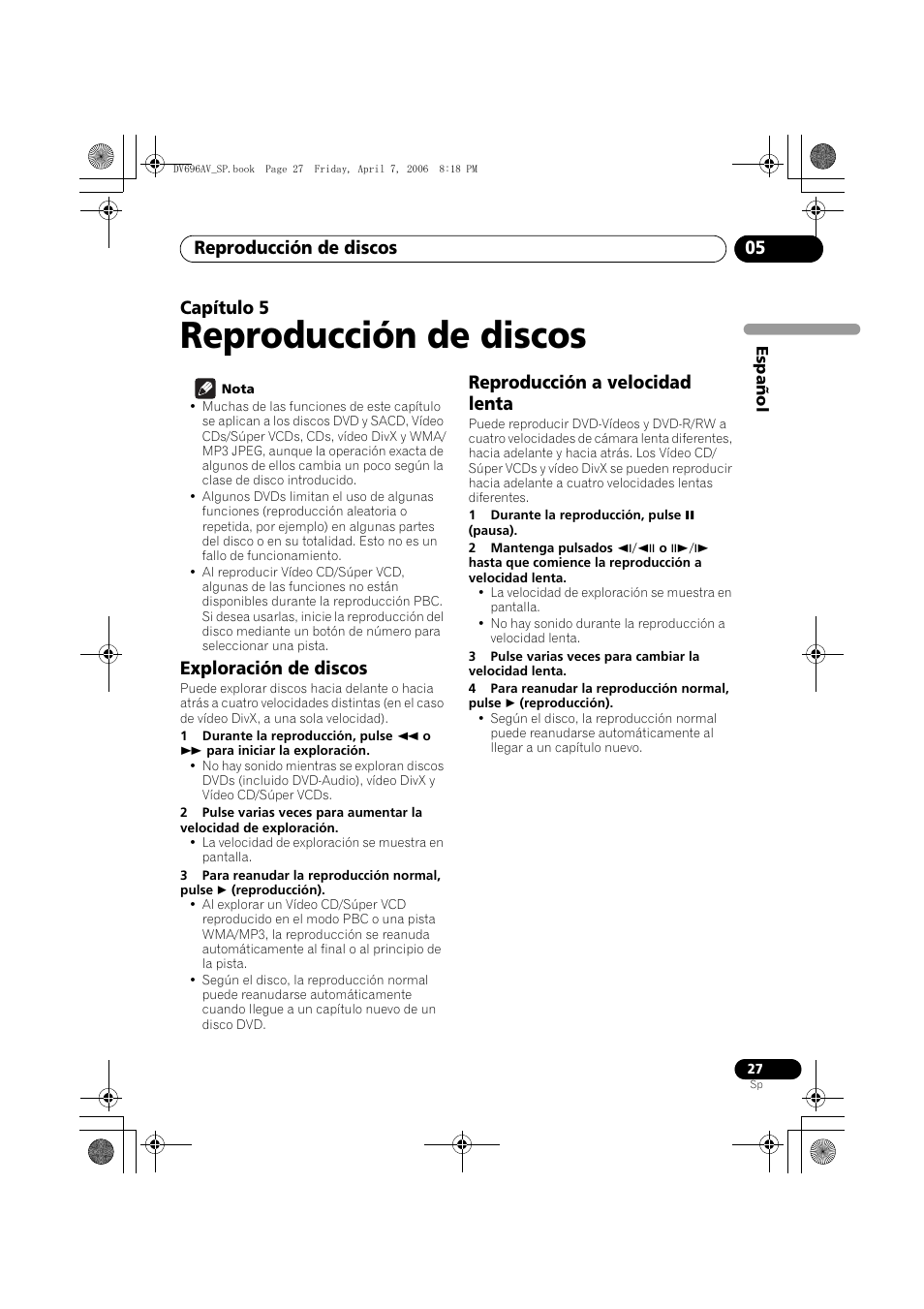 05 reproducción de discos, Exploración de discos, Reproducción a velocidad lenta | Reproducción de discos, Reproducción de discos 05, Capítulo 5 | Pioneer DV-696AV-S User Manual | Page 27 / 126