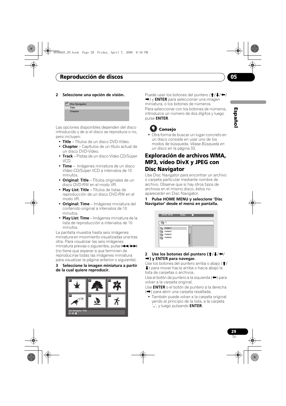 Reproducción de discos 05, Español | Pioneer DV-696AV-S User Manual | Page 29 / 126