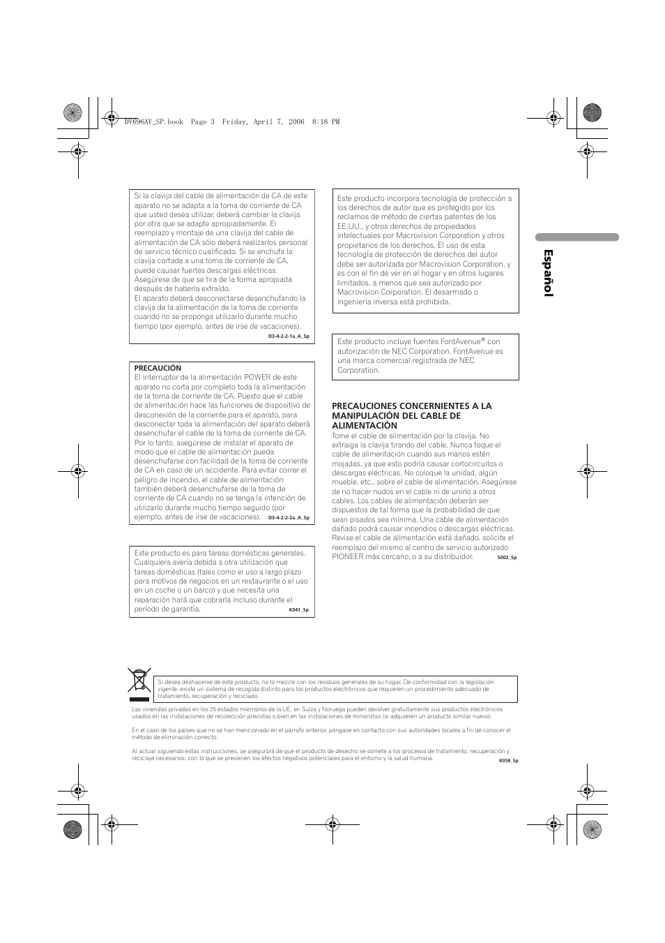 Español | Pioneer DV-696AV-S User Manual | Page 3 / 126