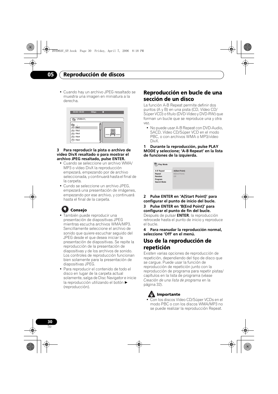 Reproducción en bucle de una sección de un disco, Uso de la reproducción de repetición, Reproducción de discos 05 | Pioneer DV-696AV-S User Manual | Page 30 / 126