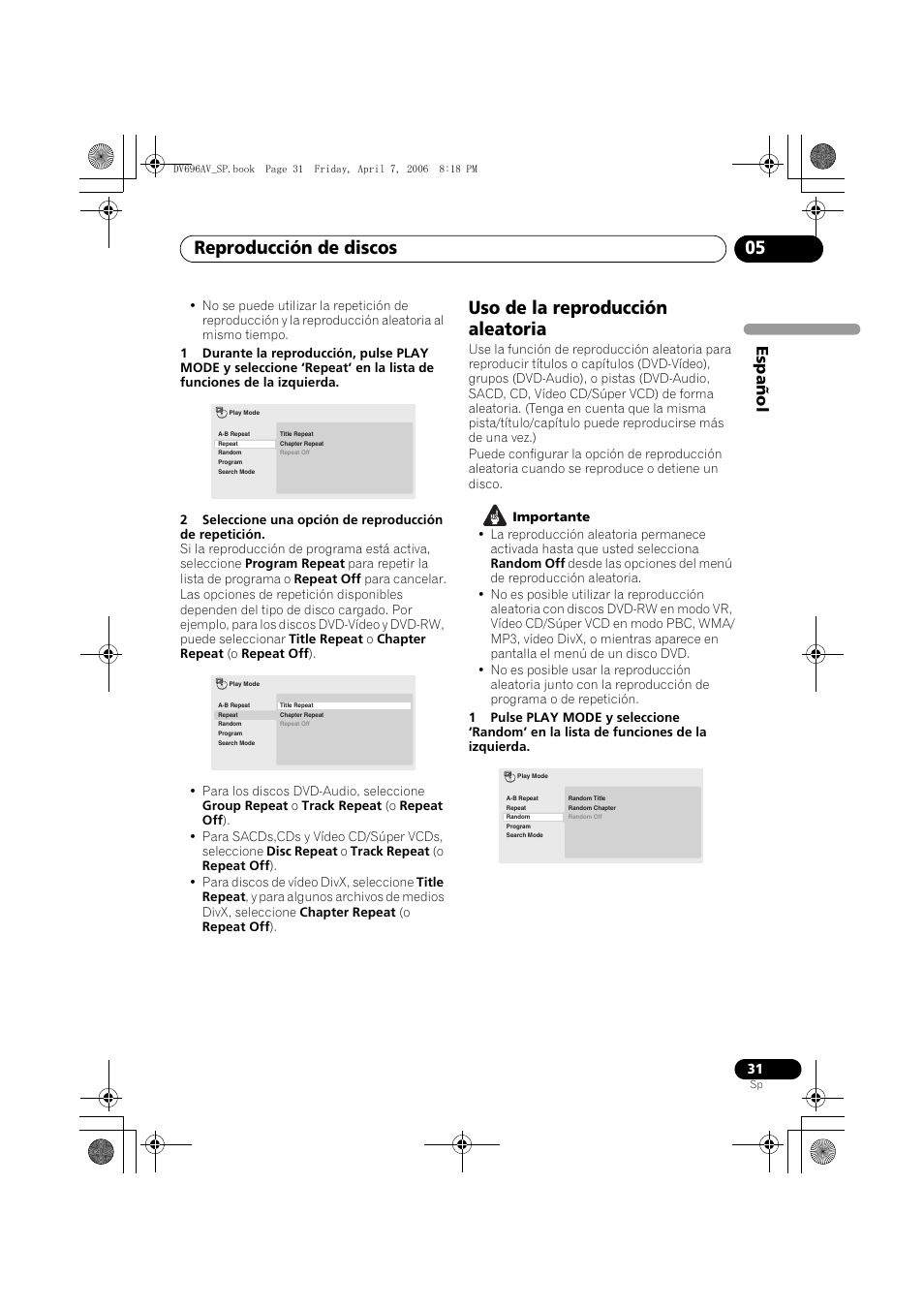 Uso de la reproducción aleatoria, Reproducción de discos 05, Español | Pioneer DV-696AV-S User Manual | Page 31 / 126