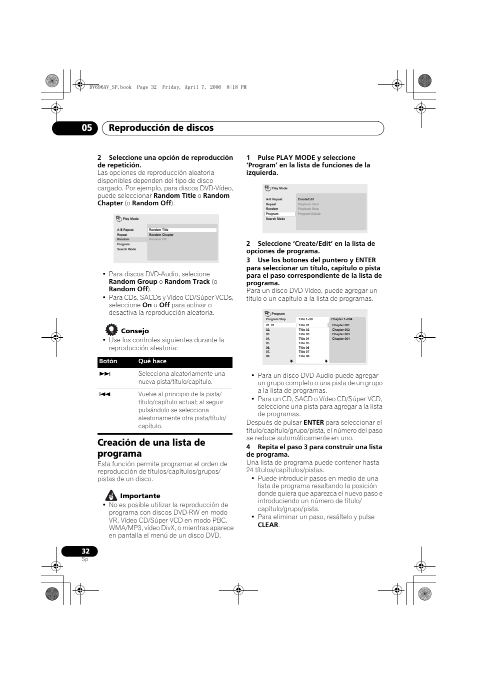Creación de una lista de programa, Reproducción de discos 05 | Pioneer DV-696AV-S User Manual | Page 32 / 126