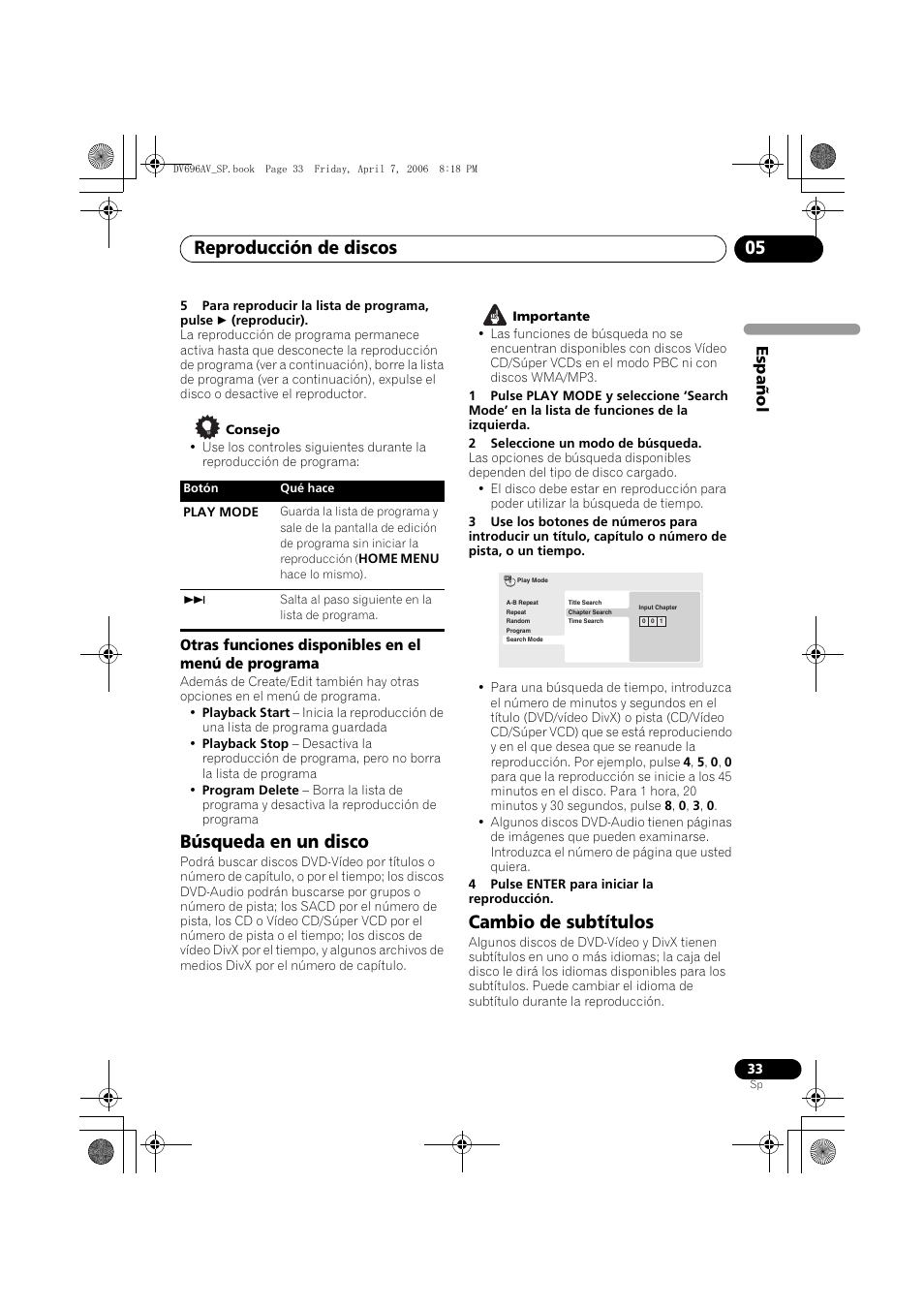 Búsqueda en un disco, Cambio de subtítulos, Reproducción de discos 05 | Pioneer DV-696AV-S User Manual | Page 33 / 126
