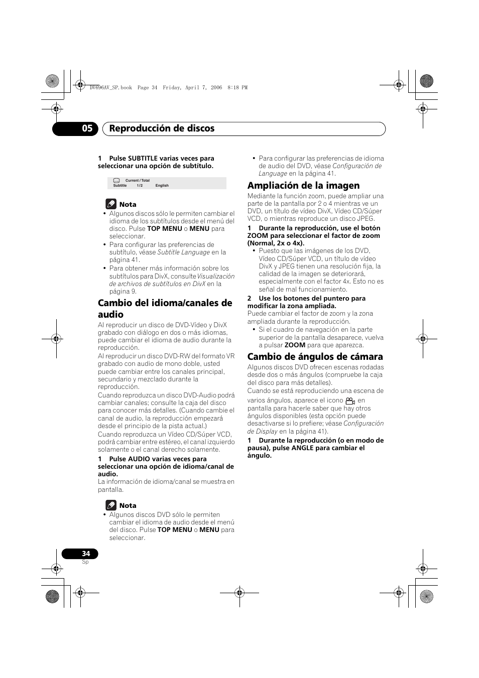 Cambio del idioma/canales de audio, Ampliación de la imagen, Cambio de ángulos de cámara | Reproducción de discos 05 | Pioneer DV-696AV-S User Manual | Page 34 / 126