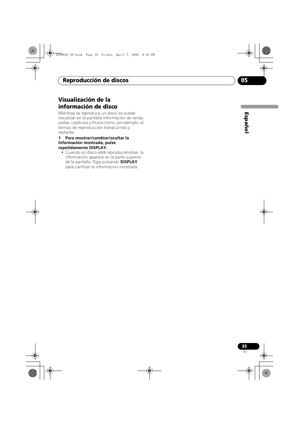 Visualización de la información de disco, Reproducción de discos 05 | Pioneer DV-696AV-S User Manual | Page 35 / 126