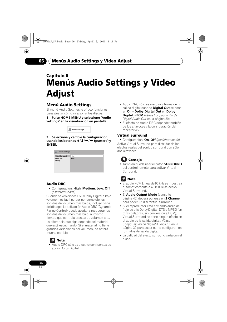 06 menús audio settings y video adjust, Menú audio settings, Menús audio settings y video adjust | Menús audio settings y video adjust 06, Capítulo 6 | Pioneer DV-696AV-S User Manual | Page 36 / 126