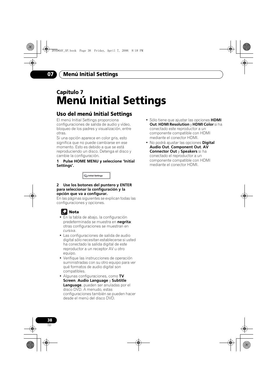07 menú initial settings, Uso del menú initial settings, Menú initial settings | Menú initial settings 07, Capítulo 7 | Pioneer DV-696AV-S User Manual | Page 38 / 126