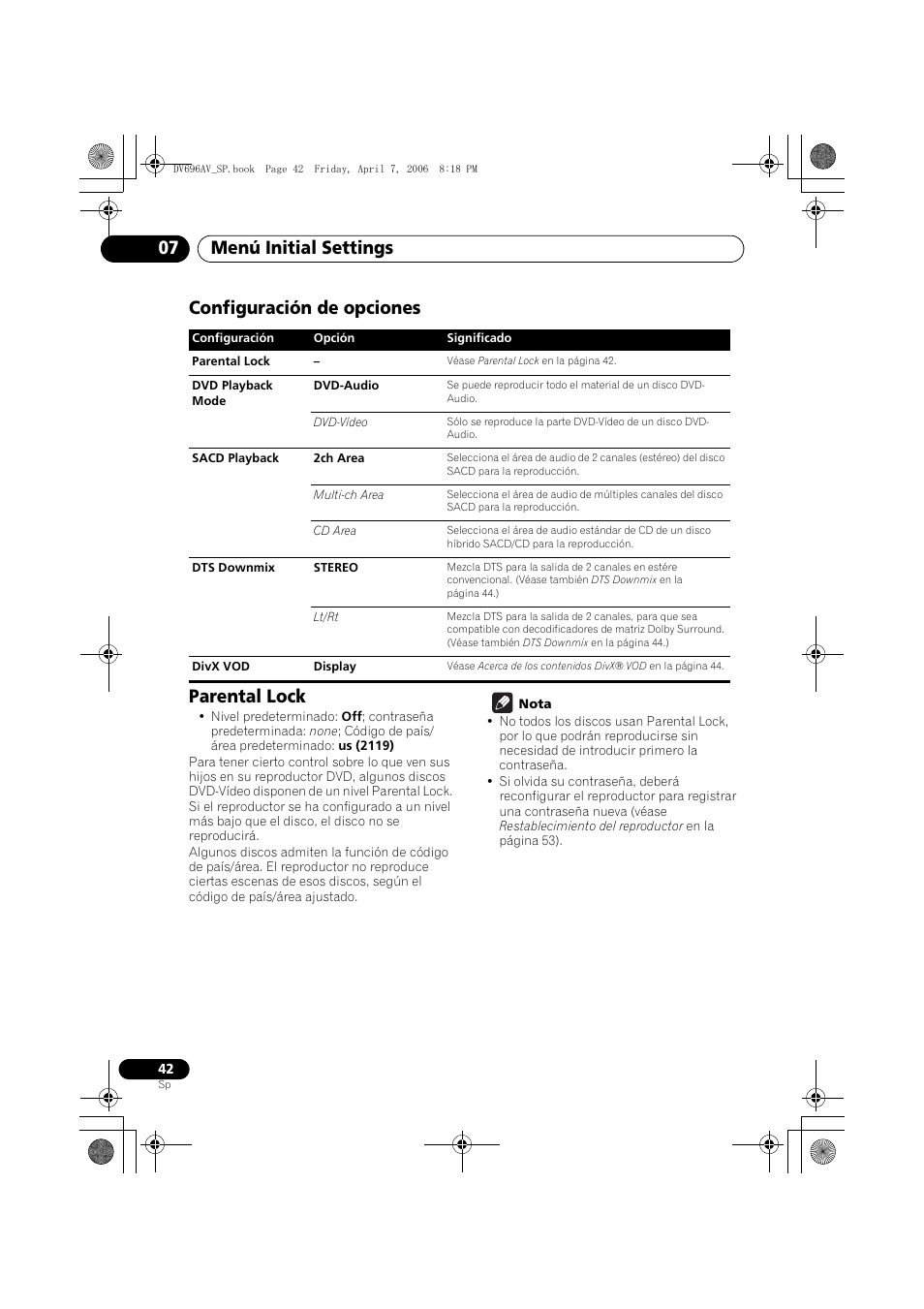 Configuración de opciones, Parental lock, Menú initial settings 07 | Configuración de opciones parental lock | Pioneer DV-696AV-S User Manual | Page 42 / 126