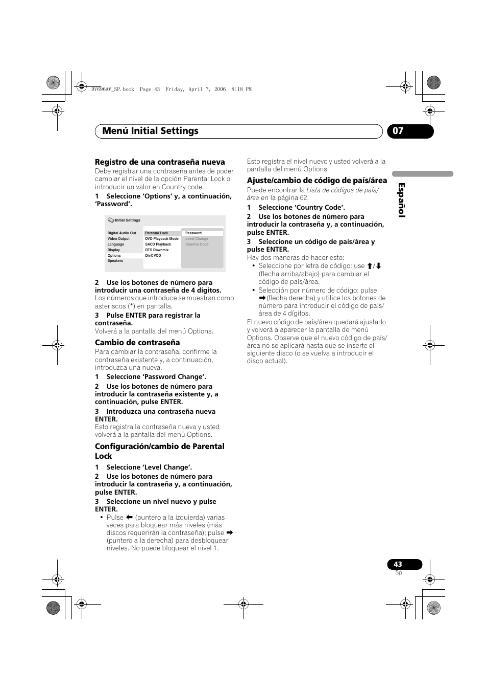Menú initial settings 07, Español | Pioneer DV-696AV-S User Manual | Page 43 / 126