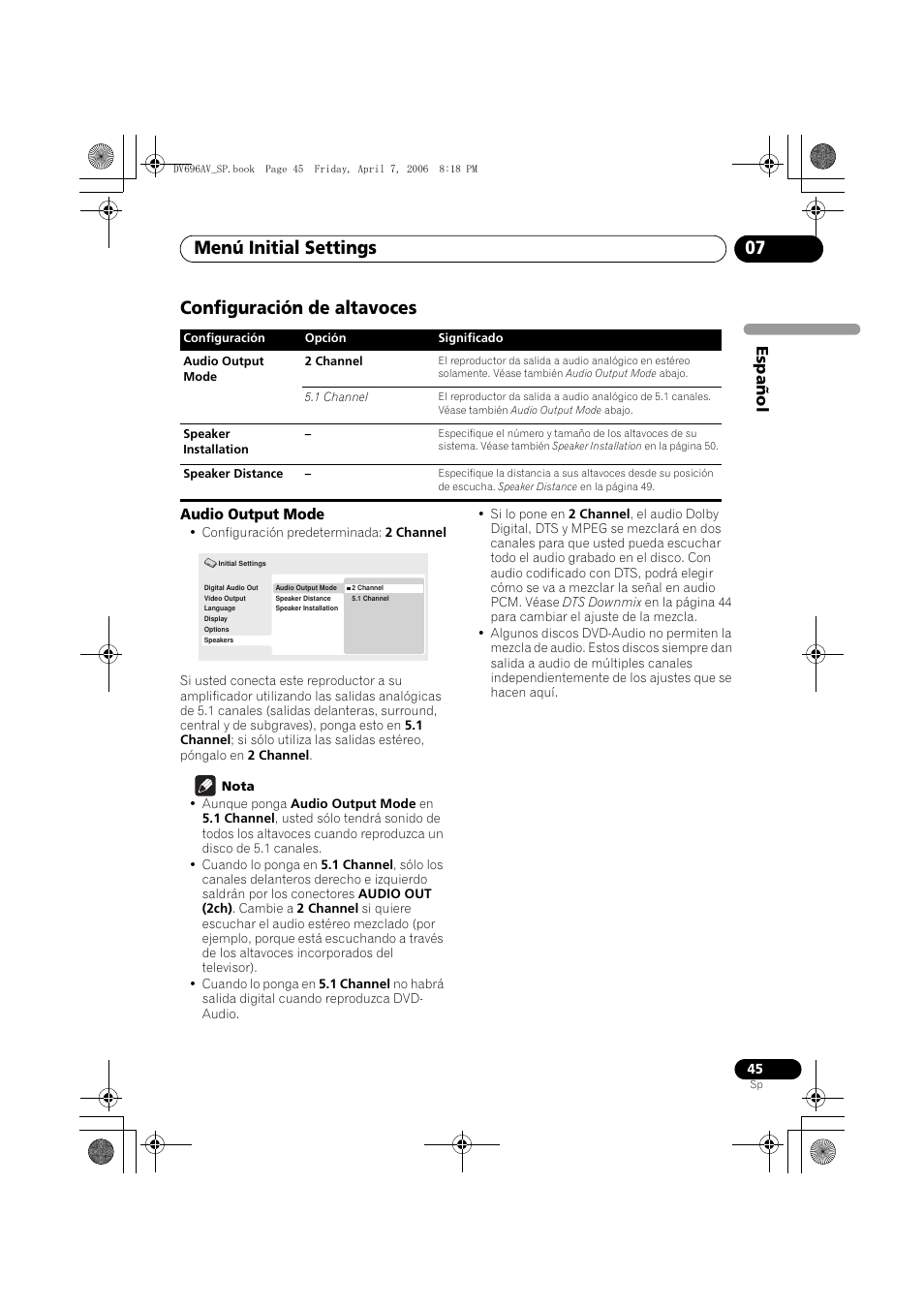 Configuración de altavoces, Menú initial settings 07, Español | Pioneer DV-696AV-S User Manual | Page 45 / 126