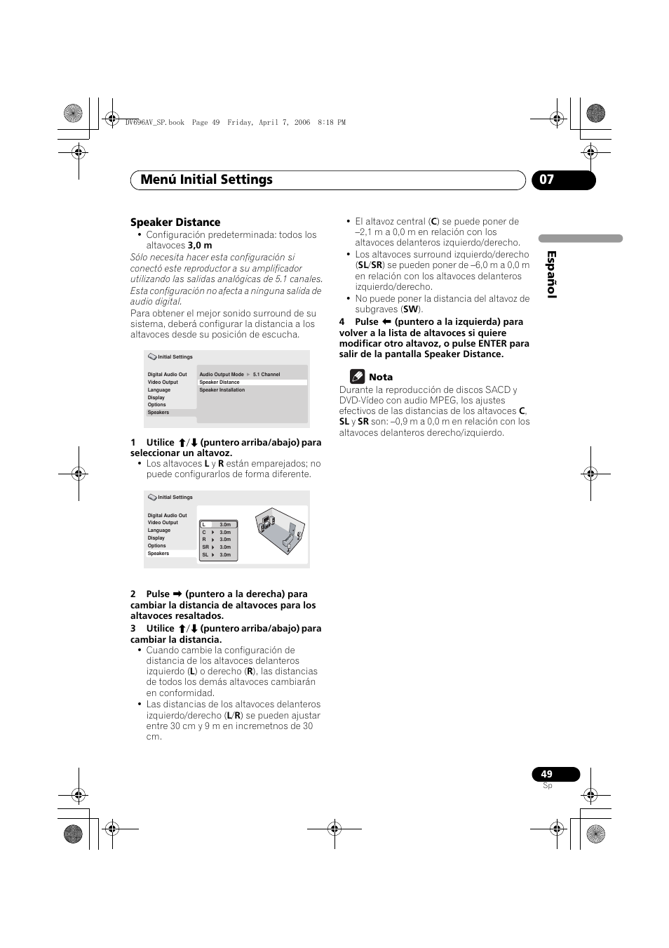 Menú initial settings 07, Español, Speaker distance | Pioneer DV-696AV-S User Manual | Page 49 / 126