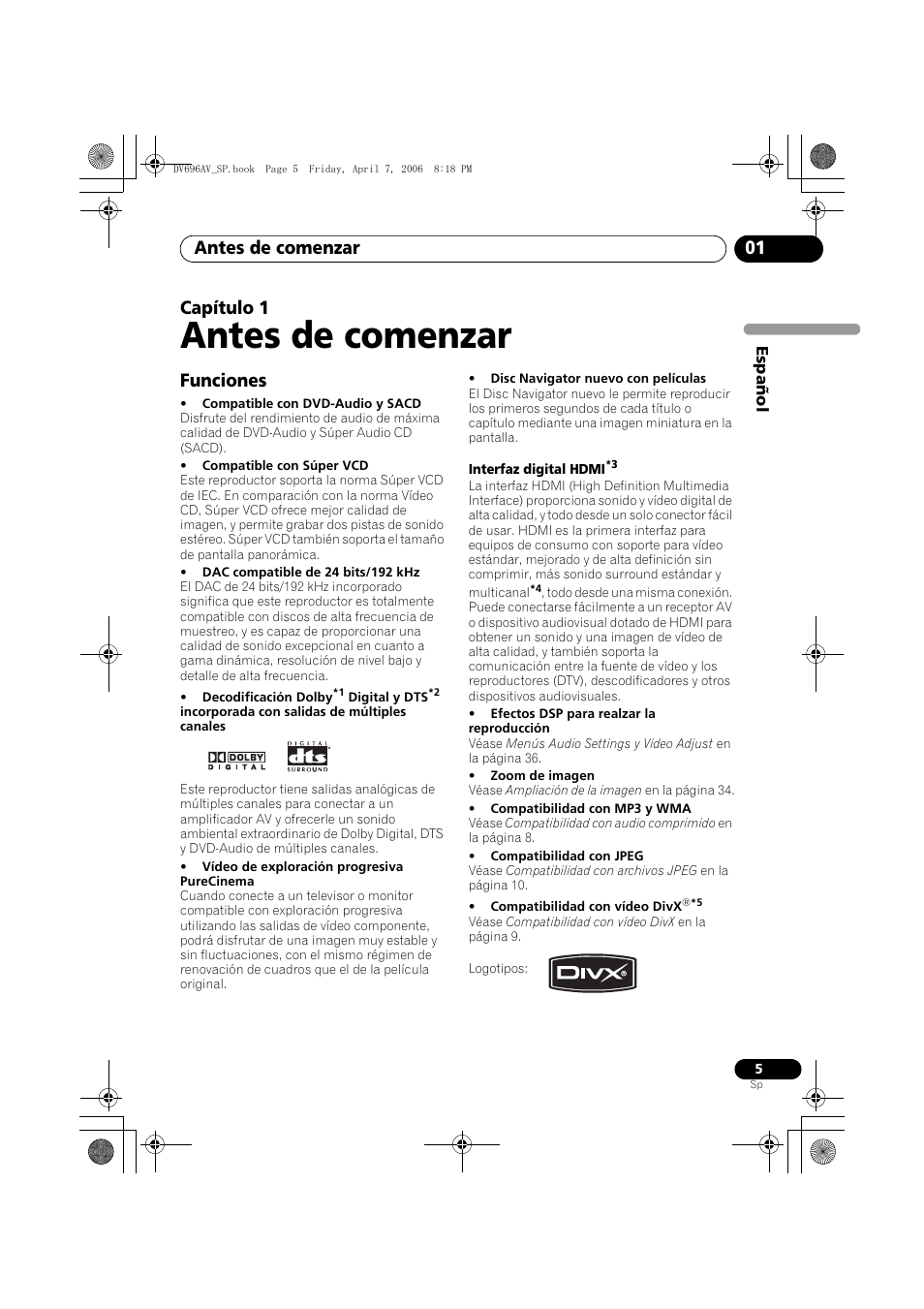 01 antes de comenzar, Funciones, Antes de comenzar | Antes de comenzar 01, Capítulo 1 | Pioneer DV-696AV-S User Manual | Page 5 / 126
