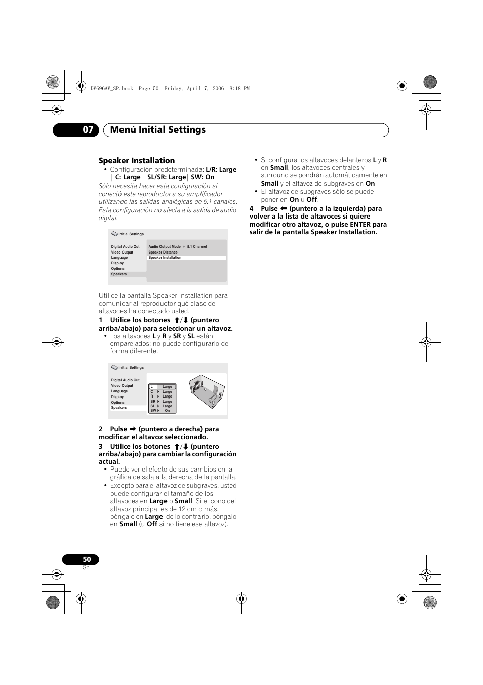 Menú initial settings 07, Speaker installation | Pioneer DV-696AV-S User Manual | Page 50 / 126