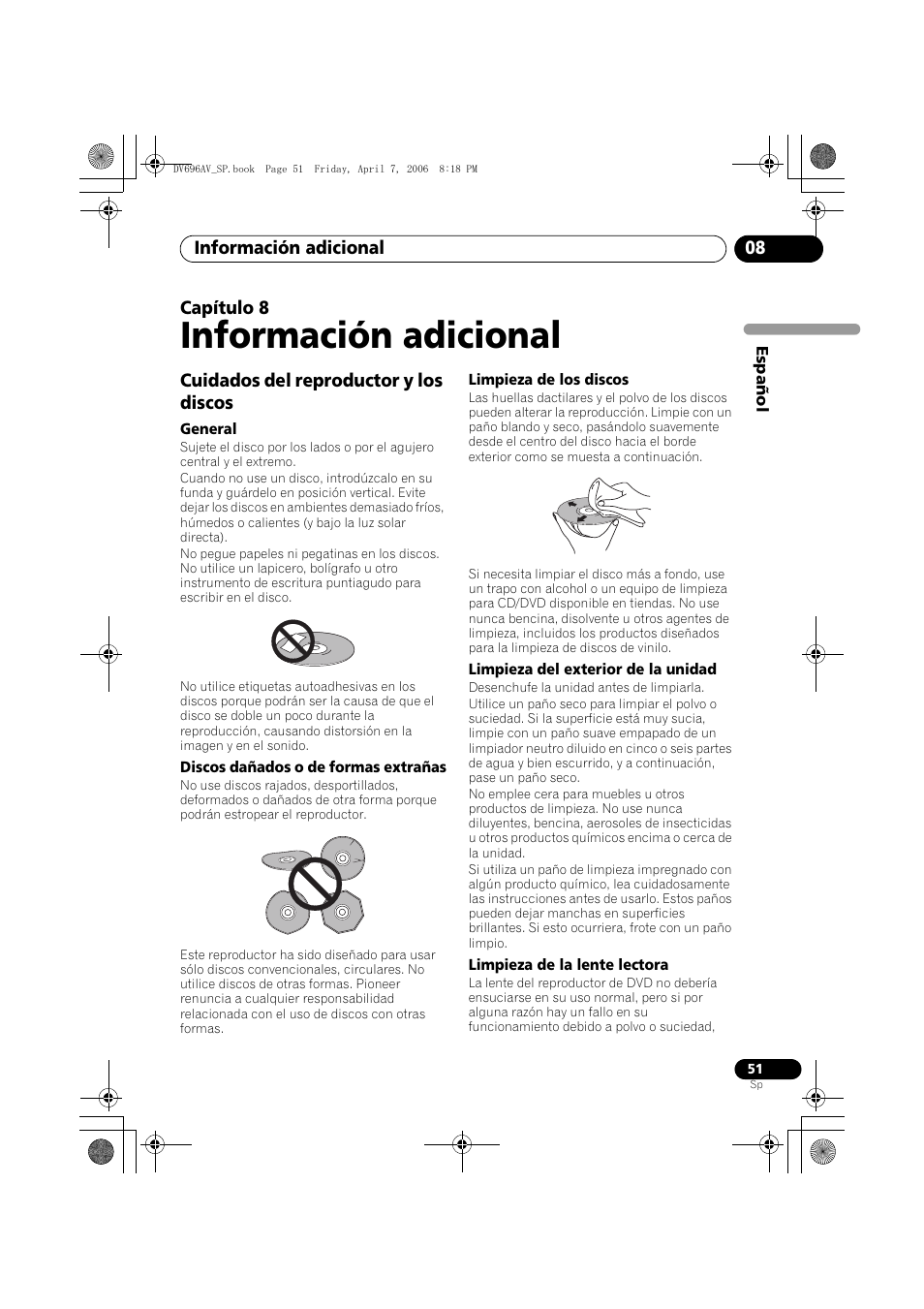 08 información adicional, Cuidados del reproductor y los discos, Información adicional | Pioneer DV-696AV-S User Manual | Page 51 / 126