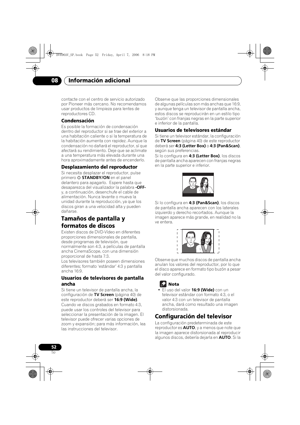 Tamaños de pantalla y formatos de discos, Configuración del televisor, Información adicional 08 | Pioneer DV-696AV-S User Manual | Page 52 / 126