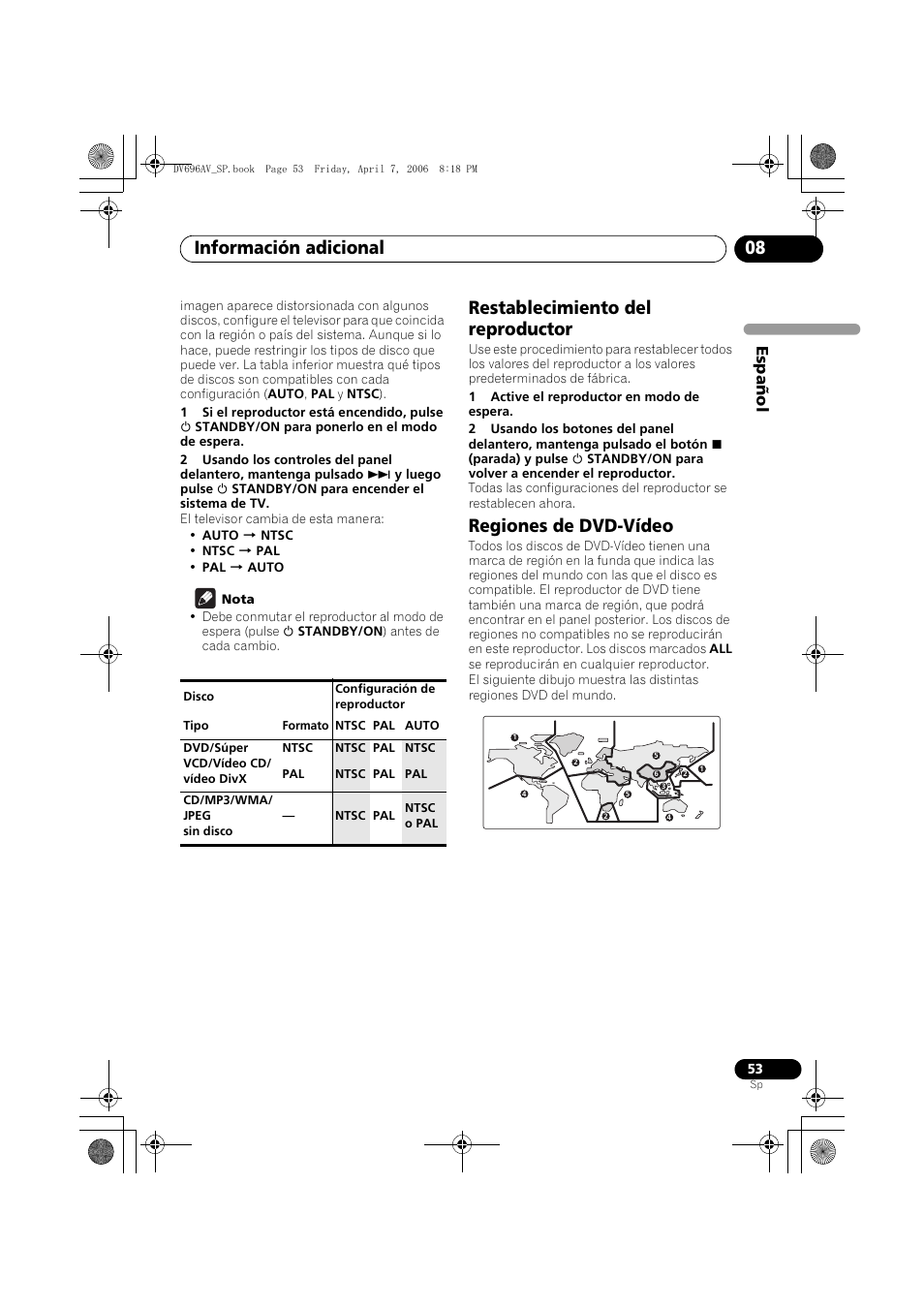Restablecimiento del reproductor, Regiones de dvd-vídeo, Información adicional 08 | Español | Pioneer DV-696AV-S User Manual | Page 53 / 126