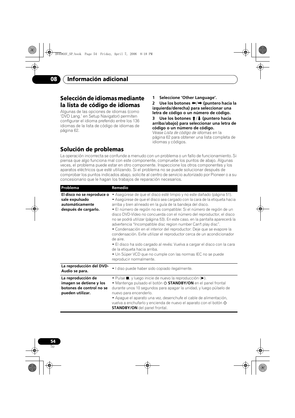 Solución de problemas, Información adicional 08 | Pioneer DV-696AV-S User Manual | Page 54 / 126