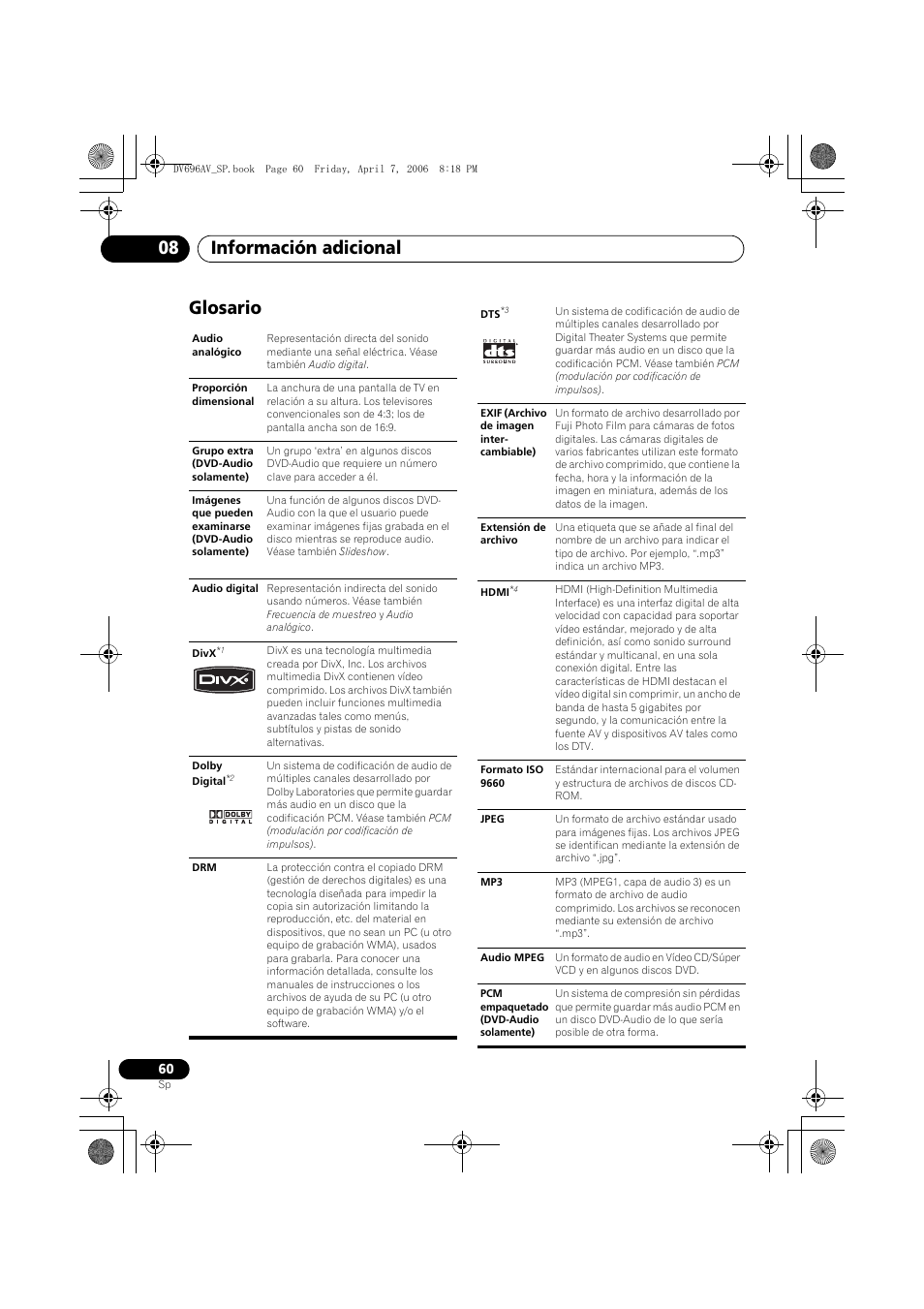 Glosario, Información adicional 08 | Pioneer DV-696AV-S User Manual | Page 60 / 126
