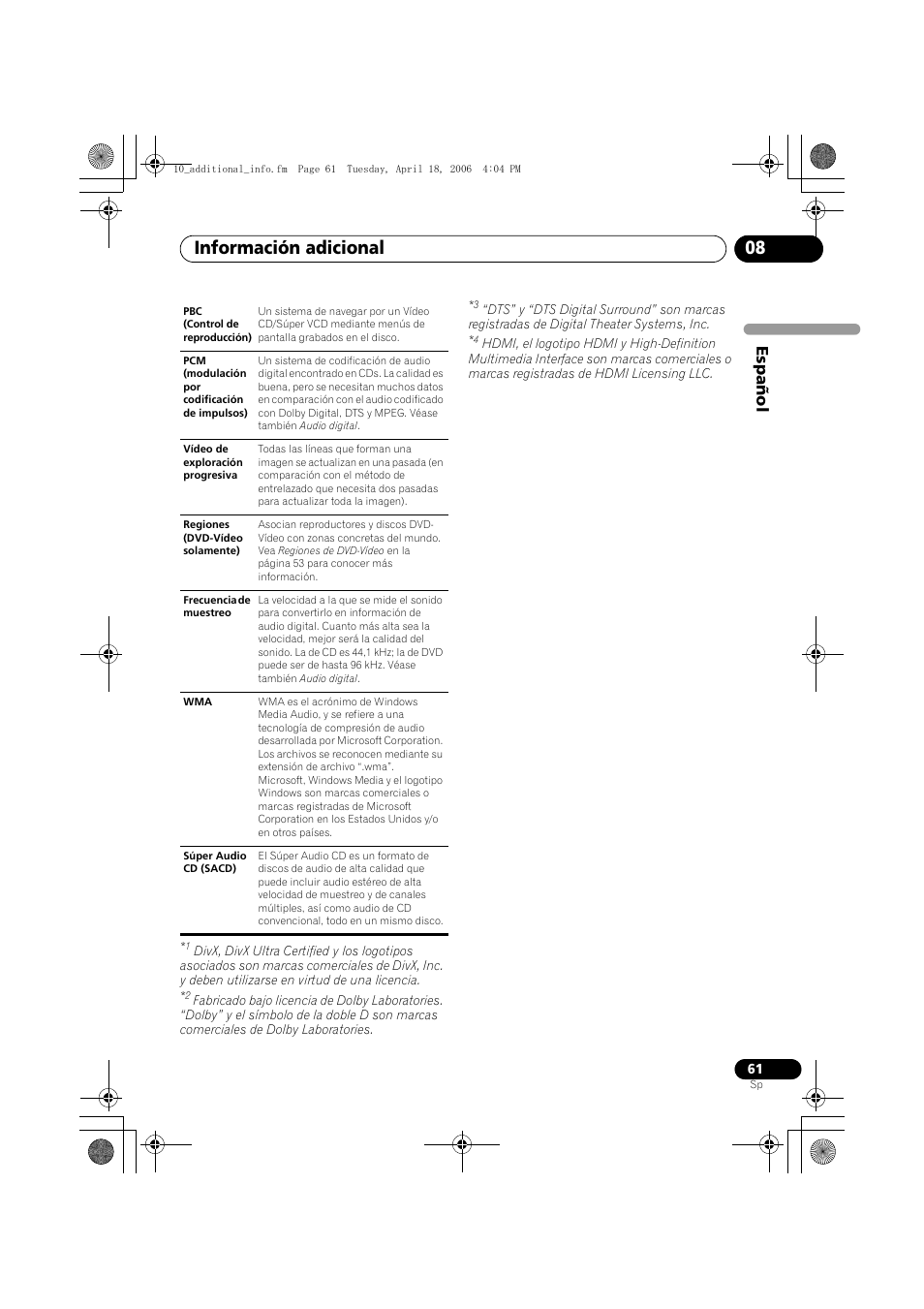 Información adicional 08, Español | Pioneer DV-696AV-S User Manual | Page 61 / 126