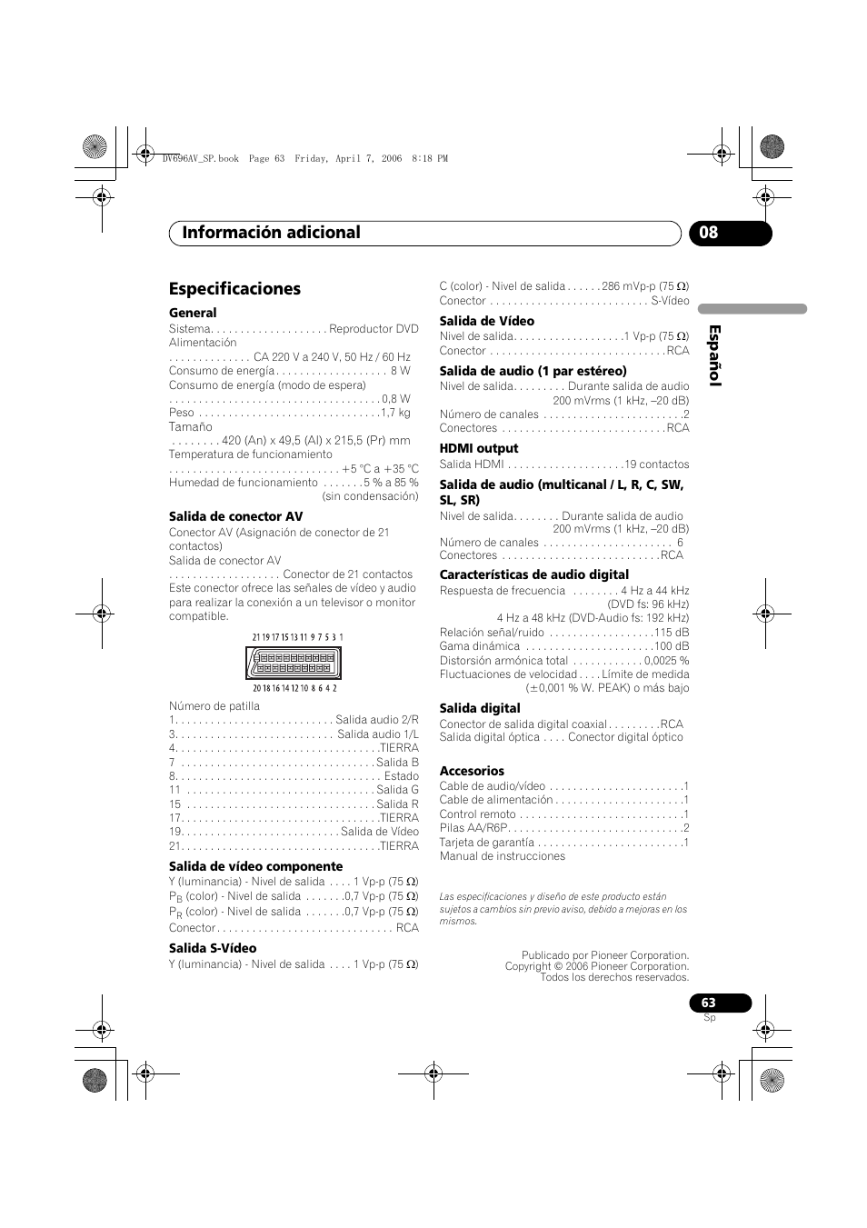 Especificaciones, Información adicional 08 | Pioneer DV-696AV-S User Manual | Page 63 / 126