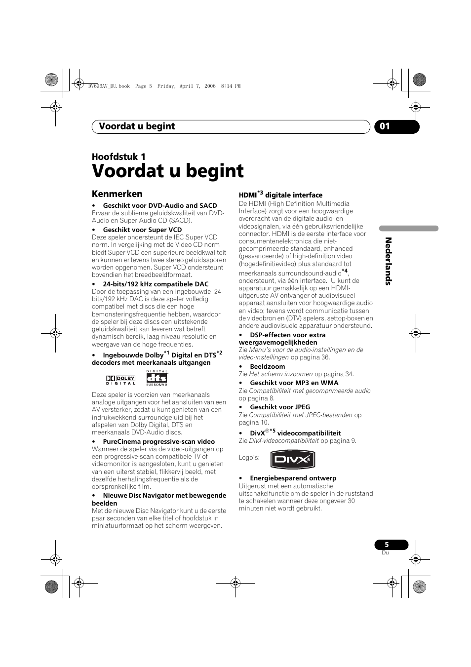 01 voordat u begint, Kenmerken, Voordat u begint | Voordat u begint 01, Hoofdstuk 1 | Pioneer DV-696AV-S User Manual | Page 67 / 126