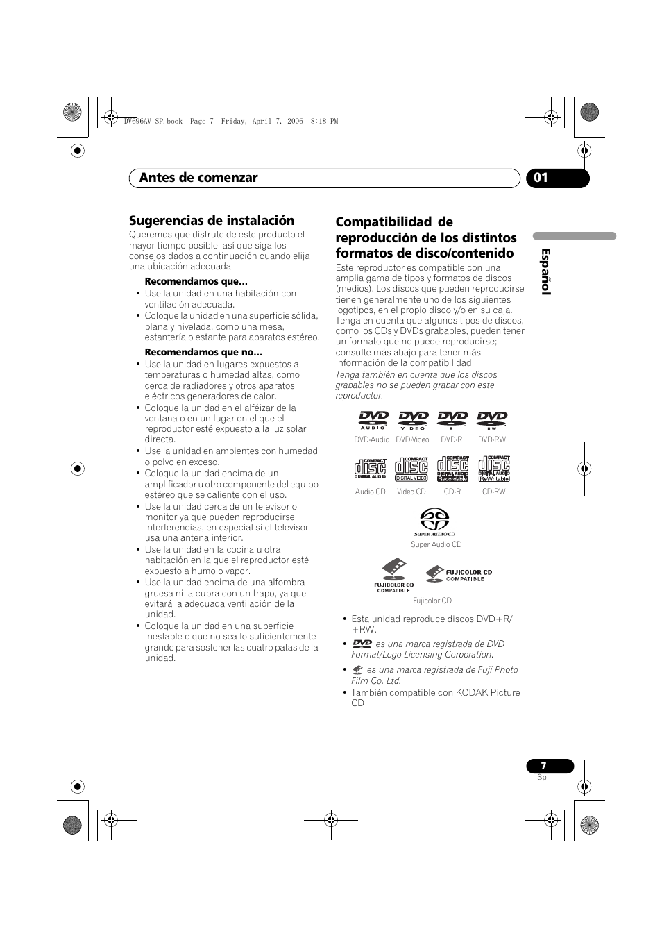 Sugerencias de instalación, Antes de comenzar 01 | Pioneer DV-696AV-S User Manual | Page 7 / 126