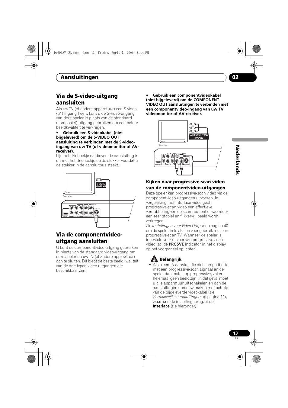 Via de s-video-uitgang aansluiten, Via de componentvideo-uitgang aansluiten, Aansluitingen 02 | Via de componentvideo- uitgang aansluiten, Nede rlands | Pioneer DV-696AV-S User Manual | Page 75 / 126