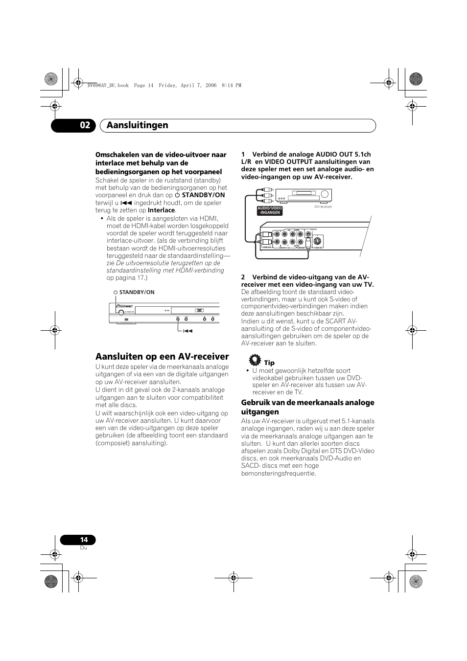 Aansluiten op een av-receiver, Aansluitingen 02, Gebruik van de meerkanaals analoge uitgangen | Pioneer DV-696AV-S User Manual | Page 76 / 126