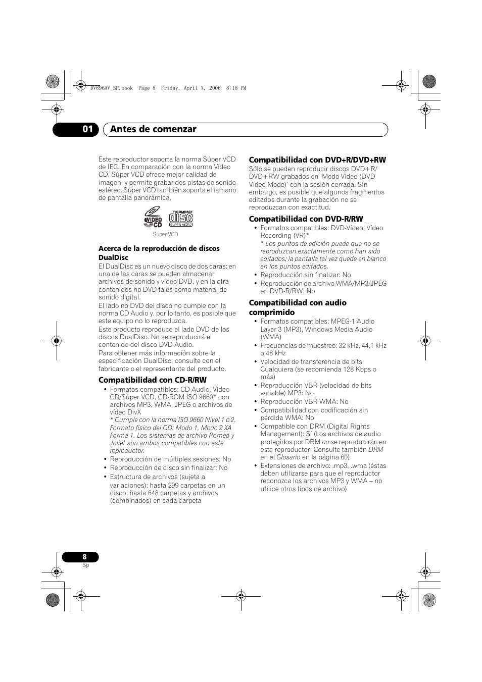 Antes de comenzar 01 | Pioneer DV-696AV-S User Manual | Page 8 / 126