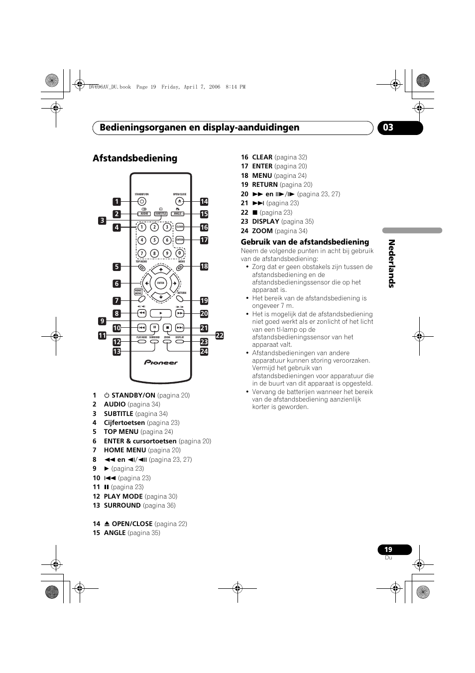 Afstandsbediening, Bedieningsorganen en display-aanduidingen 03, Nede rlands | Pioneer DV-696AV-S User Manual | Page 81 / 126