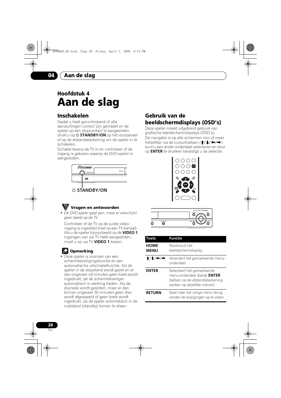 04 aan de slag, Inschakelen, Gebruik van de beeldschermdisplays (osd’s) | Aan de slag, Aan de slag 04, Hoofdstuk 4 | Pioneer DV-696AV-S User Manual | Page 82 / 126