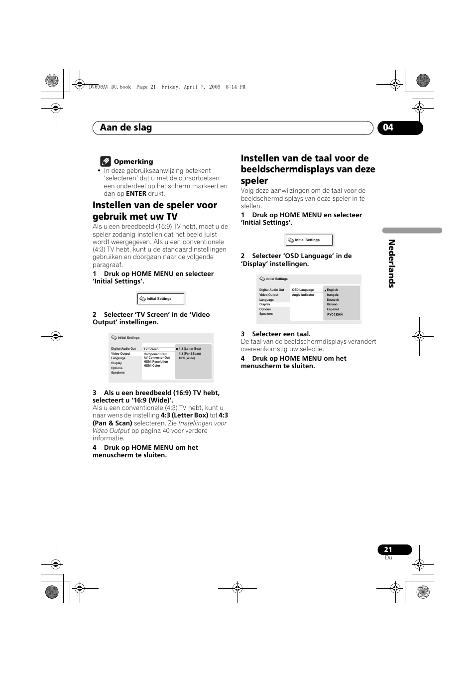 Instellen van de speler voor gebruik met uw tv, Aan de slag 04, Nede rlands | Pioneer DV-696AV-S User Manual | Page 83 / 126