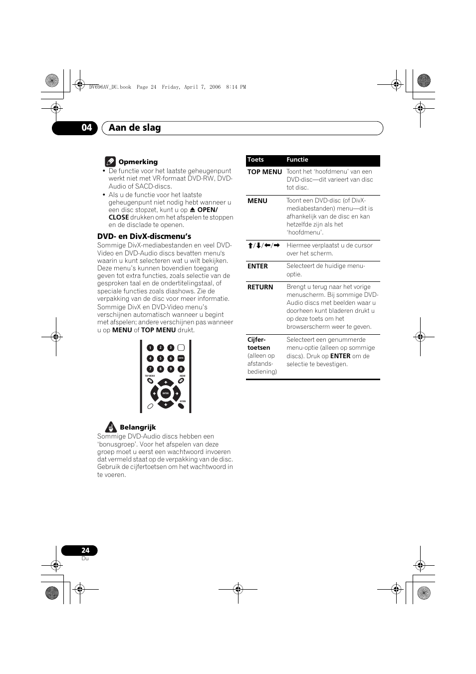 Aan de slag 04, Dvd- en divx-discmenu’s | Pioneer DV-696AV-S User Manual | Page 86 / 126