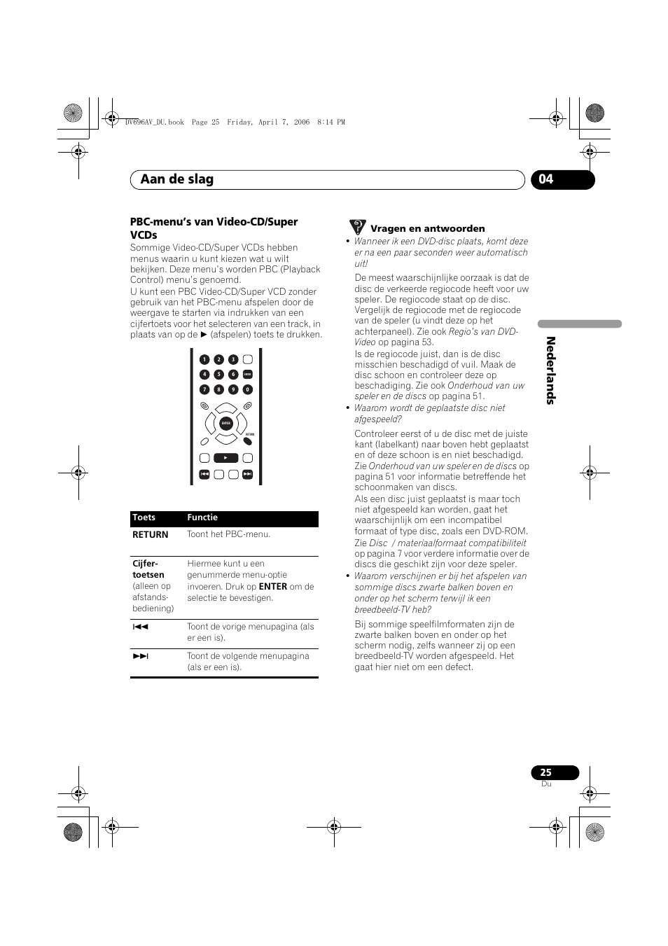 Aan de slag 04, Nede rlands, Pbc-menu’s van video-cd/super vcds | Pioneer DV-696AV-S User Manual | Page 87 / 126