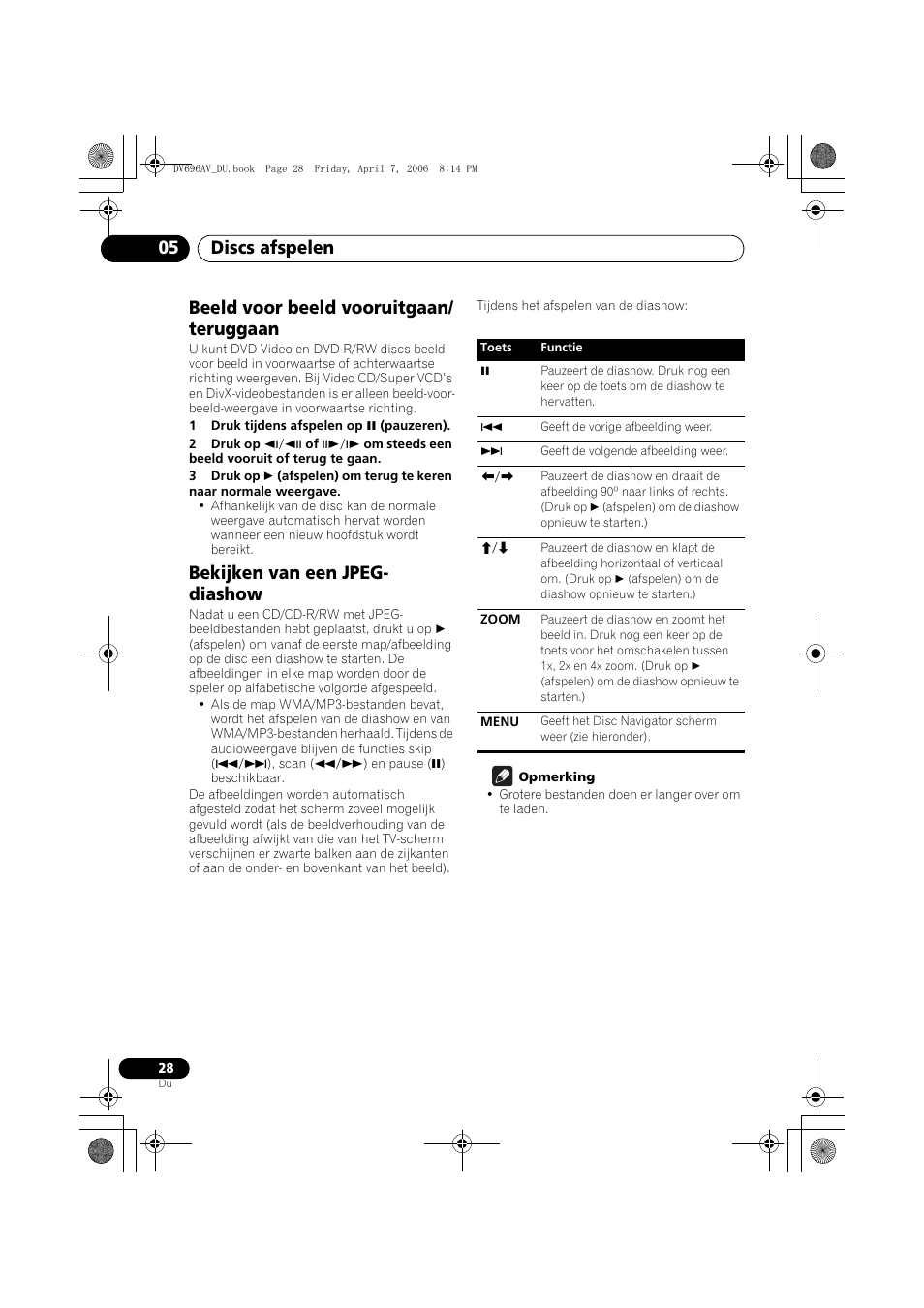 Beeld voor beeld vooruitgaan/teruggaan, Bekijken van een jpeg-diashow, Discs afspelen 05 | Beeld voor beeld vooruitgaan/ teruggaan, Bekijken van een jpeg- diashow | Pioneer DV-696AV-S User Manual | Page 90 / 126