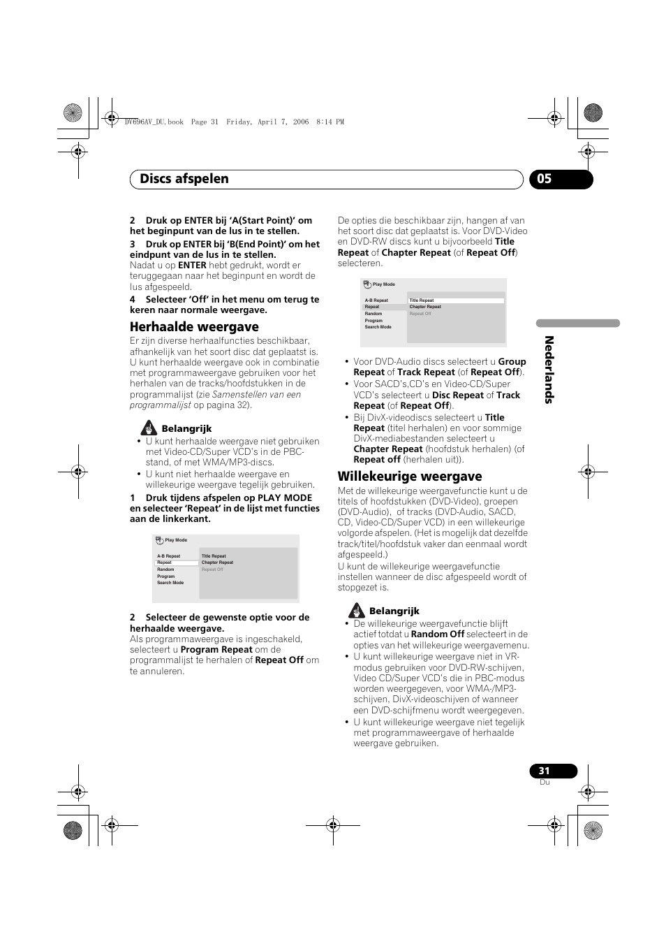 Herhaalde weergave, Willekeurige weergave, Discs afspelen 05 | Pioneer DV-696AV-S User Manual | Page 93 / 126