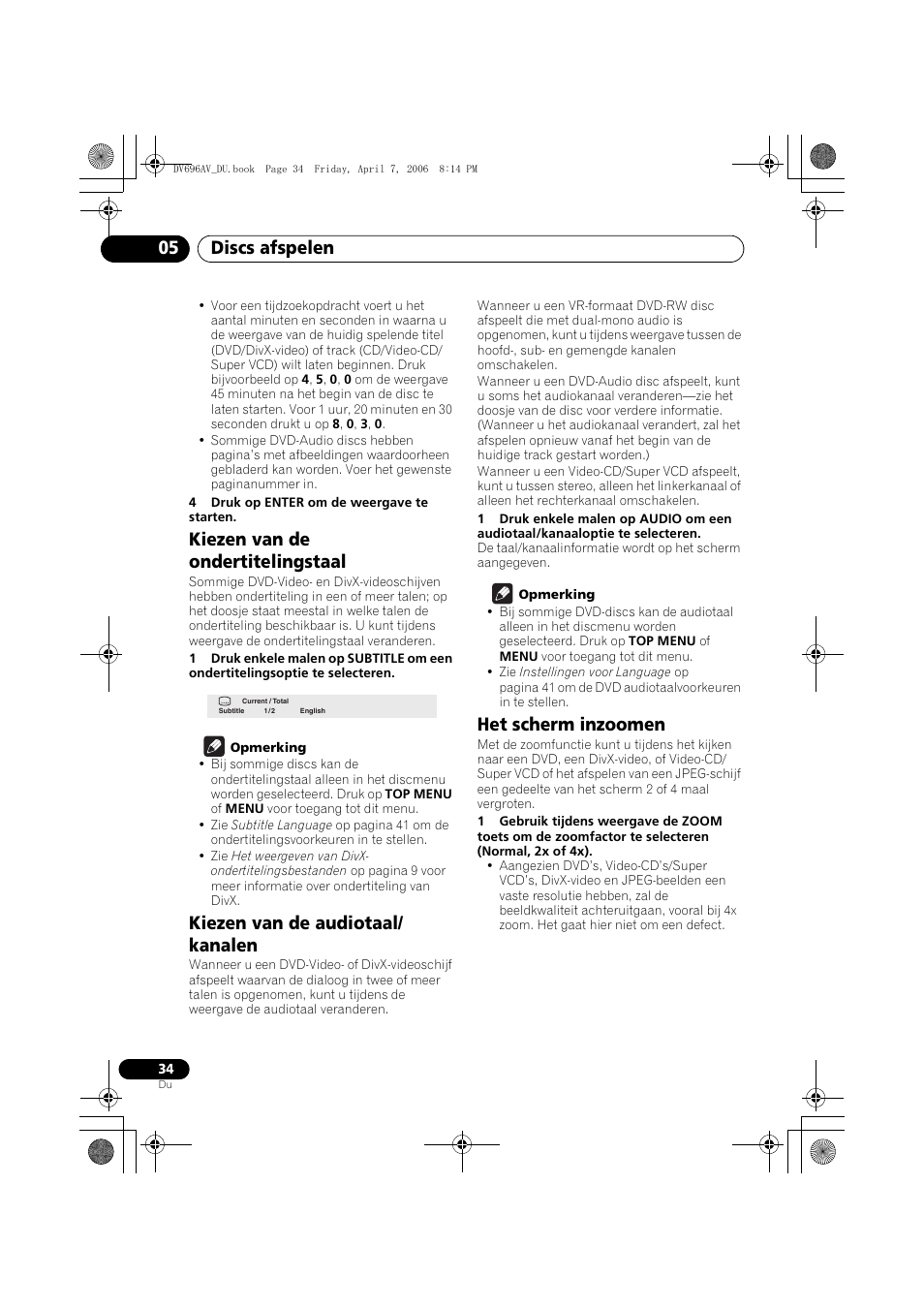 Kiezen van de ondertitelingstaal, Kiezen van de audiotaal/kanalen, Het scherm inzoomen | Discs afspelen 05, Kiezen van de audiotaal/ kanalen | Pioneer DV-696AV-S User Manual | Page 96 / 126