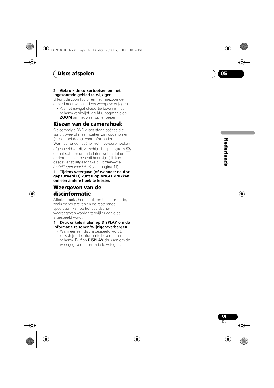 Kiezen van de camerahoek, Weergeven van de discinformatie, Discs afspelen 05 | Pioneer DV-696AV-S User Manual | Page 97 / 126