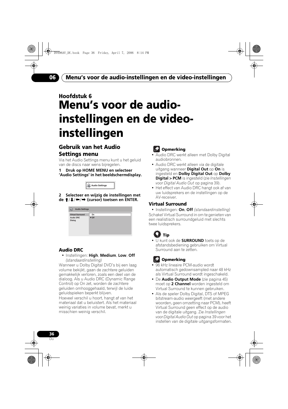 Gebruik van het audio settings menu, Hoofdstuk 6 | Pioneer DV-696AV-S User Manual | Page 98 / 126