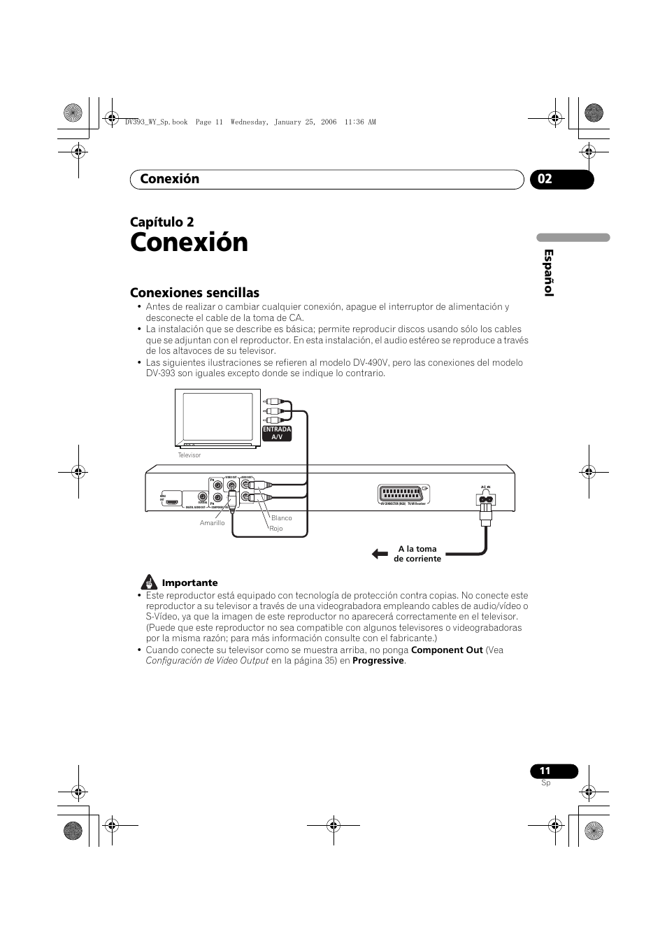 02 conexión, Conexiones sencillas, Conexión | Conexión 02, Capítulo 2, Espa ñol | Pioneer DV-393-S User Manual | Page 11 / 95