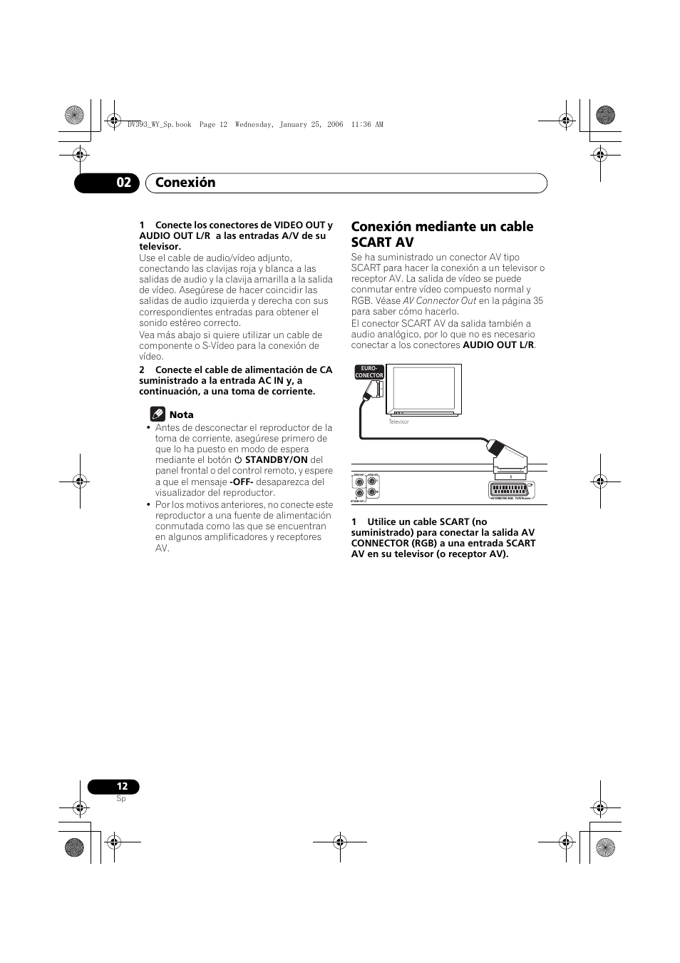 Conexión mediante un cable scart av, Conexión 02 | Pioneer DV-393-S User Manual | Page 12 / 95