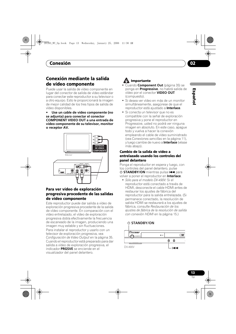 Conexión mediante la salida de vídeo componente, Conexión 02, Espa ñol | Pioneer DV-393-S User Manual | Page 13 / 95