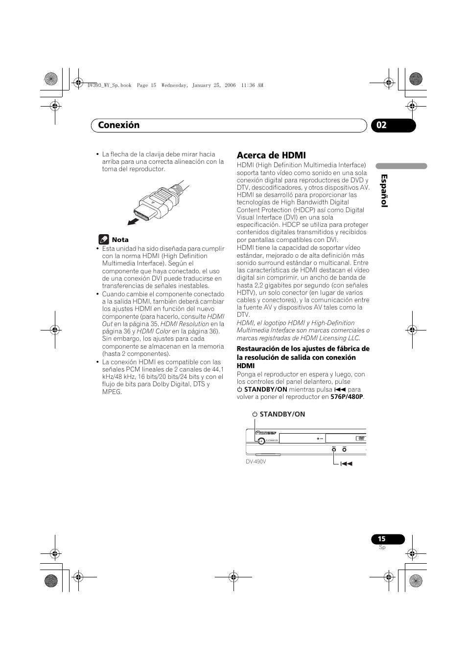 Acerca de hdmi, Conexión 02 | Pioneer DV-393-S User Manual | Page 15 / 95