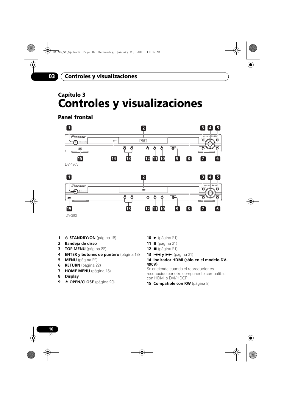 03 controles y visualizaciones, Panel frontal, Controles y visualizaciones | Controles y visualizaciones 03, Capítulo 3 | Pioneer DV-393-S User Manual | Page 16 / 95