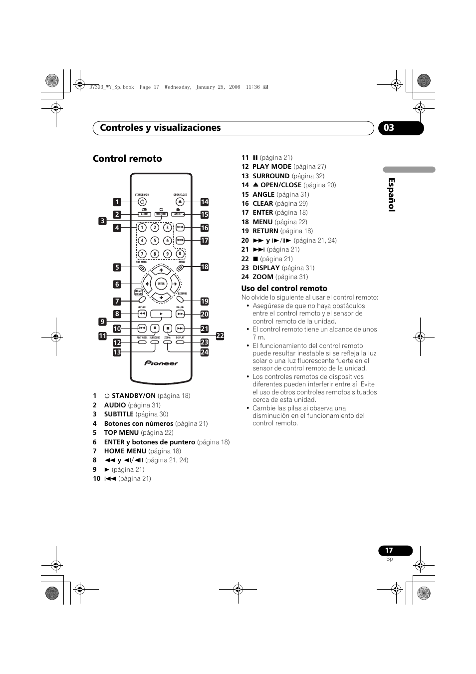 Control remoto, Uso del control remoto, Controles y visualizaciones 03 | Espa ñol | Pioneer DV-393-S User Manual | Page 17 / 95