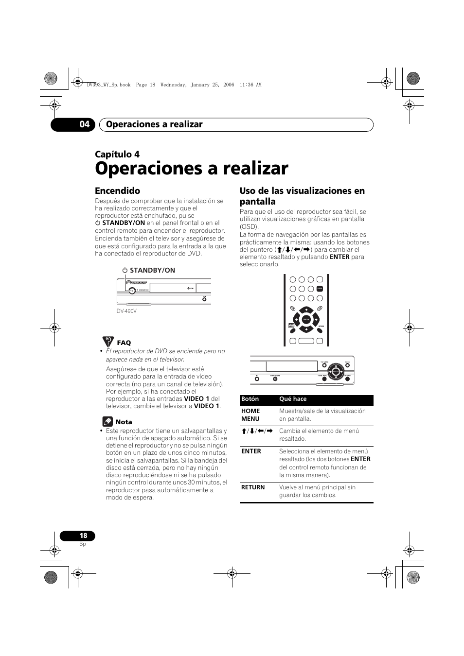 04 operaciones a realizar, Encendido, Uso de las visualizaciones en pantalla | Operaciones a realizar, Operaciones a realizar 04, Capítulo 4 | Pioneer DV-393-S User Manual | Page 18 / 95