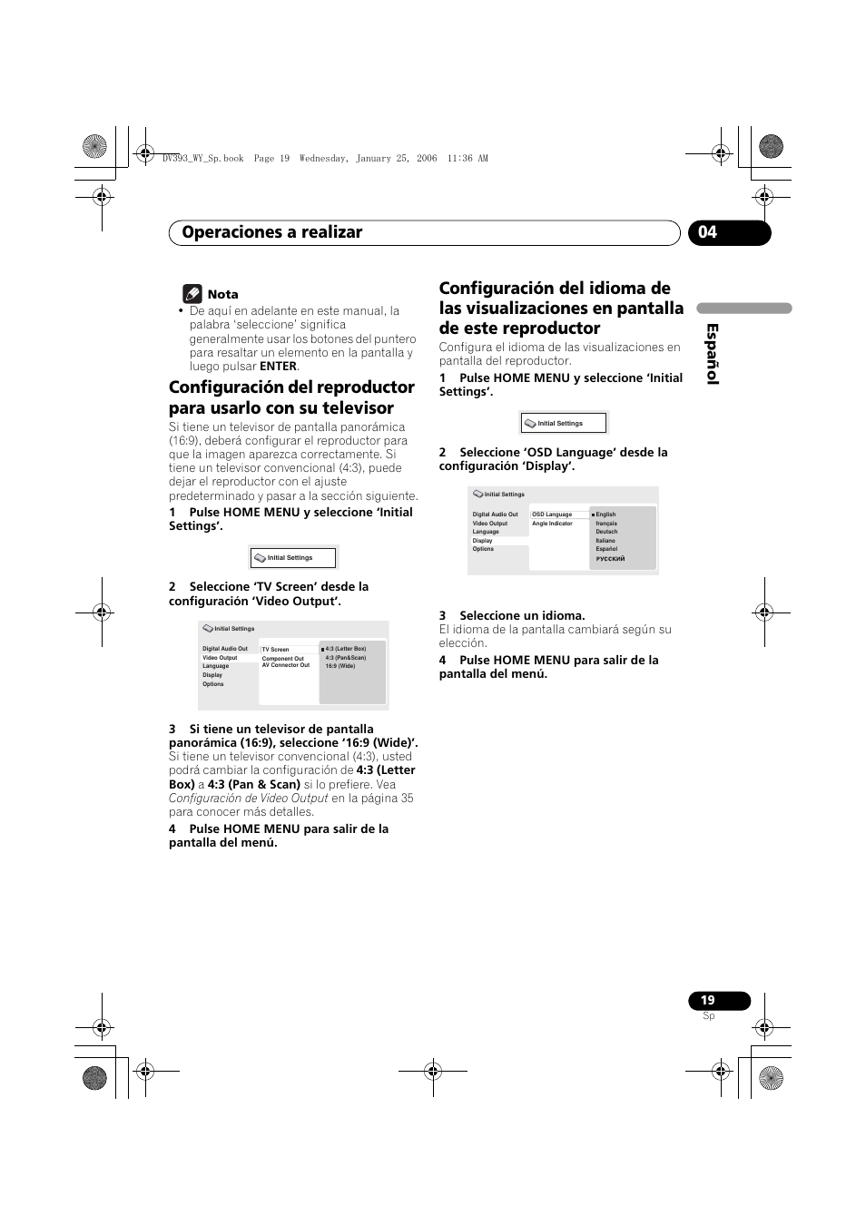 Operaciones a realizar 04, Espa ñol | Pioneer DV-393-S User Manual | Page 19 / 95